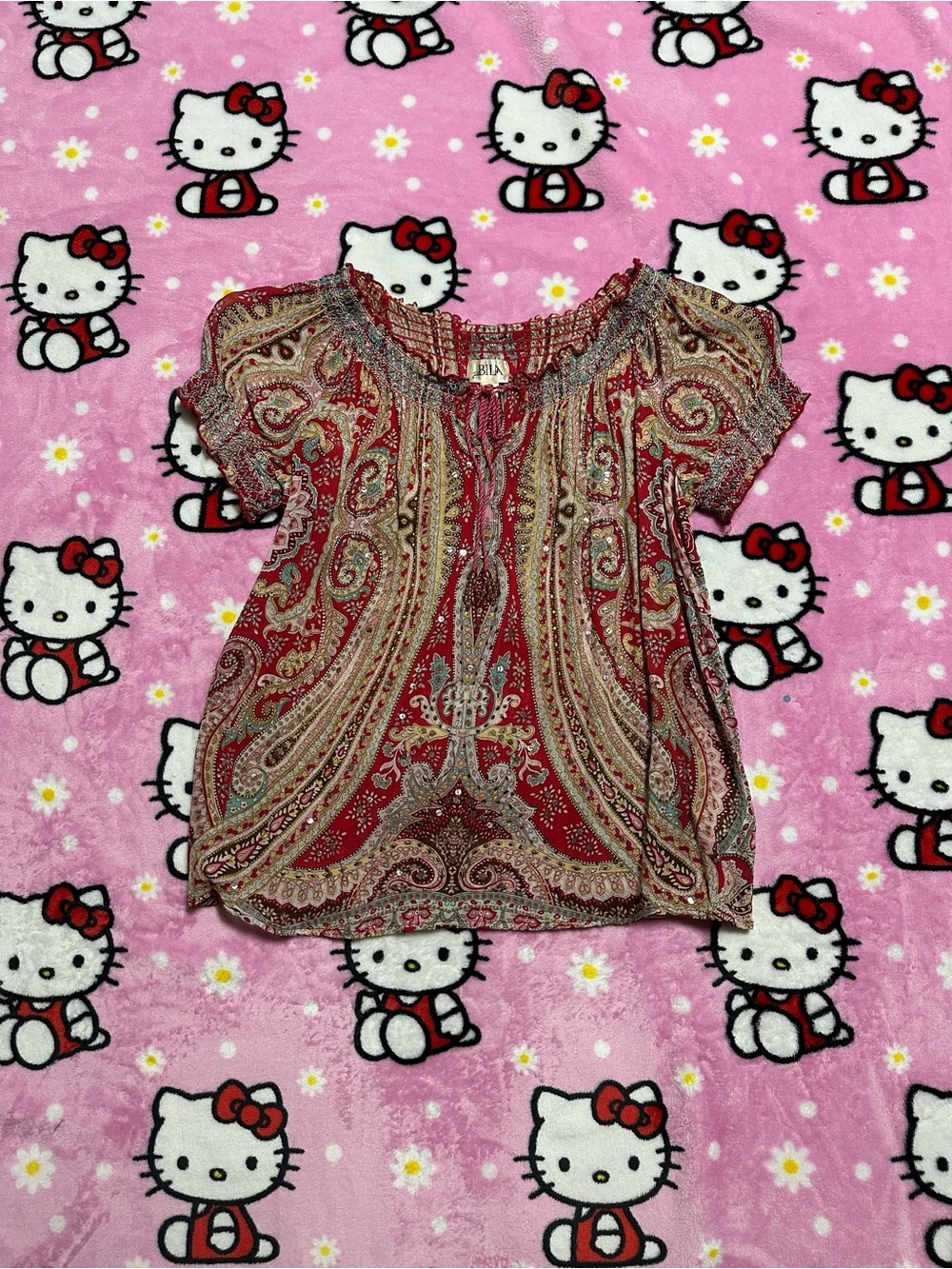 Bila Red Paisley Short-Sleeve Peasant Top